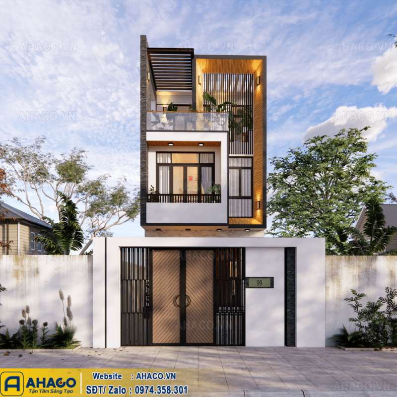 Mô tả mẫu nhà ống 2 tầng với thiết kế hiện đại, mặt tiền đơn giản, sử dụng vật liệu kính và đường nét khỏe khoắn.